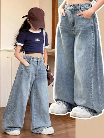 SHEIN Tween Girl Fall/Winter Y2k Vintage Urban Street Cool Style Distressed Basic Everyday Style Korean Style Blue Denim Stonewashed Side Pleats Loose Fit Wide Leg Baggy Jeans,Girls Back To School ,Girls Homecoming ,Fall/Winter Girls ,Girls Streetwear,Girls Night Out, Girls Christmas