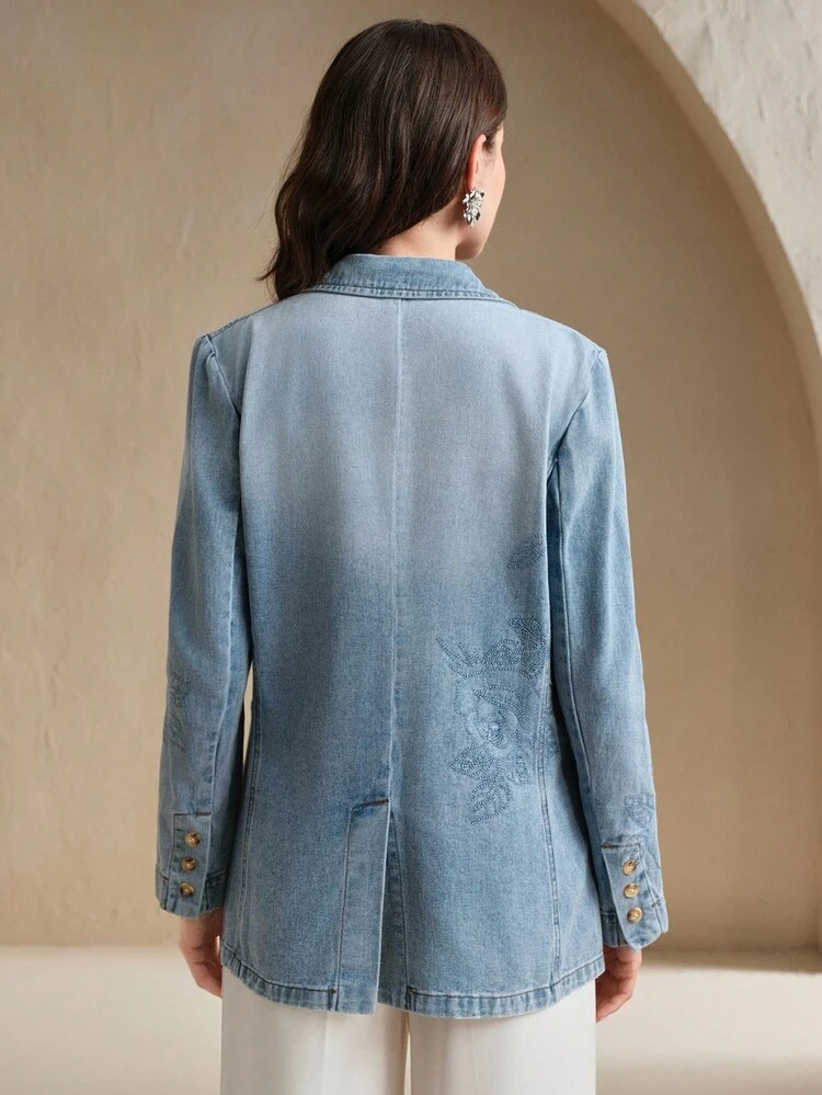 Luxury Embroidered Beaded Denim Casual Blazer