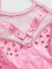 ROMWE Grunge Punk Sexy Punk Metal Rivet PU Patchwork Mesh Tight Halter Neck Top - Pink - View 3