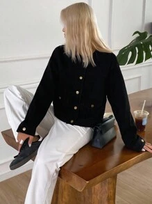 Livesso Women's Round Neck Long Sleeve Denim Jacket, Autumn - Black - View 6