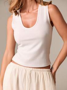 AiiRZ Ribbed Sleeveless Tank Crop Top Fitted Scoop Neck Basic Summer Layering Essential Casual Day Evening Basic Versatile Clothing - White - View 5