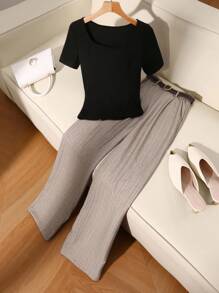 Franclia Summer Casual Commuter Solid Color Short Sleeve Top And Striped Wide Leg Pants Set Clothes For University - Black - View 6