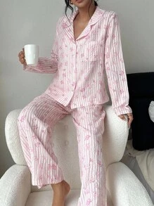 SHEIN Damen Vintage Blümchen Kragen Langarm Pyjama Set, rosa gestreift, romantischer Landhausstil, Herbst - Pink - Übersicht 7