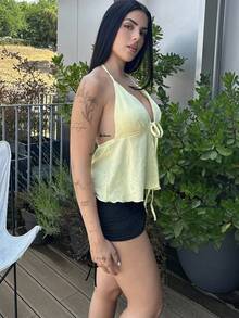 Lucia Bellido Women's Summer Solid Color Front Tie Halter Neck Tank Top - Yellow - View 5