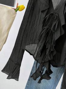 INAWLY V-Neck Pleated Ruffle Trim Front Tie Flare Sleeve Blouse Fall Cloth For Women - Black - View 7