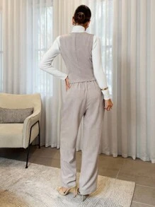 Lavishia 杏色罗纹针织低弹力U领修身腰背心外套+修身裤（带口袋）女款两件套，适合日常通勤和分层穿着 - 杏色 - 查看 2