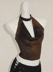 SHEIN ICON Y2k 夏季外出俱乐部音乐会黑红西部嬉皮花卉女式扎染网眼印花露背背心 - 棕色 - 查看 8