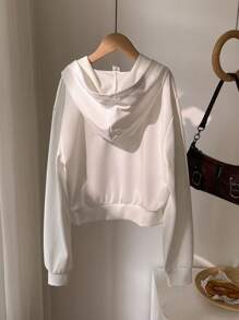 1 件青少年女孩连帽长袖短款拉链运动衫休闲套头衫，秋季 - 白色 - 查看 2