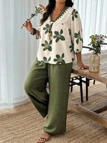 EMERY ROSE Plus Size Floral Print Shirt And Pants 2 Pieces Set, Vacation & Casual - White - View 3