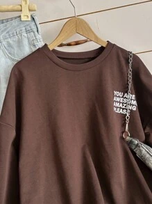SHEIN Women's Dropped Shoulder Casual Front & Back Slogan Loose Sweatshirt Pullover Fall - Coffee Brown - View 7