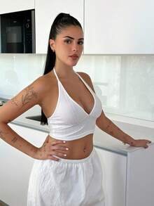 Lucia Bellido Summer Solid Backless Crop Halter Top - White - View 4