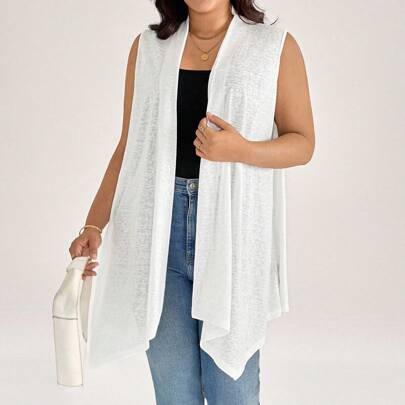 캐주얼 솔리드 컬러 비대칭 헴 민소매 오픈 프론트 베스트 탑
