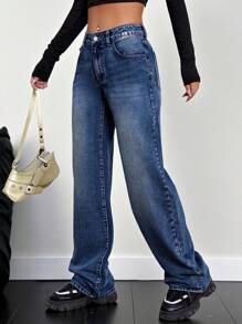 SHEIN EZwear Pantalones vaqueros con botones delanteros y múltiples bolsillos para uso diario y casual - Azul lavado oscuro - Ver 6