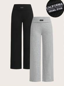 SHEIN EZwear 2 件女士休闲加州字母刺绣贴布高腰阔腿直筒裤，适合夏季 - 彩色 - 查看 1