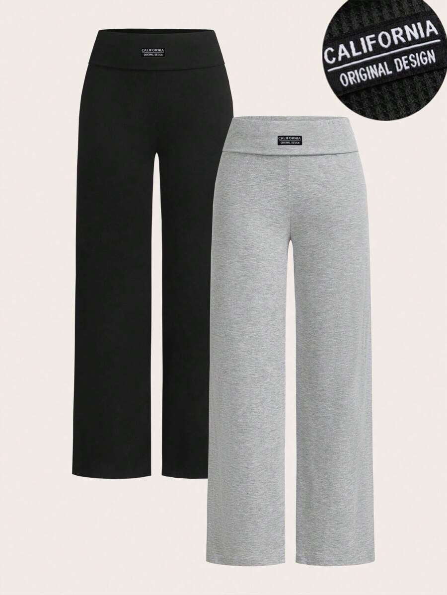 SHEIN EZwear 2 件女士休闲加州字母刺绣贴布高腰阔腿直筒裤,适合夏季 - 彩色 - 查看 1