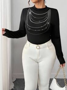 Elenzga Halloween Plus Size Women's Autumn/Winter New Stylish Versatile 3D Pearl Embellished Mock Neck Knit Sweater Top Fall Cloth For Women - Black - View 5