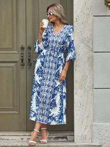 EMERY ROSE Women's Deep V-Neck Floral Printed Waist-Tightening Dress Maxi Vacation Beach Outfit