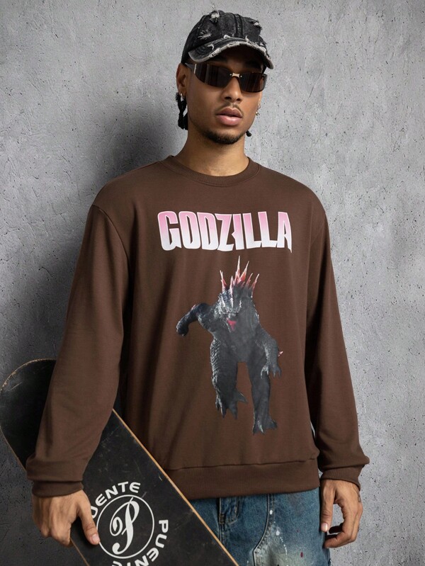 GODZILLAxKONG X SHEIN Men's Monster & Letter Graphic Crew Neck Long Sleeve Pullover Sweatshirt