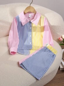 2 piezas Camisa de manga larga con cuello asimétrico, espalda con lazo y pantalones a rayas de estilo universitario informal, adecuado para todas las estaciones, para niña joven con diseño de parches y colores contrastantes