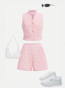 青少年女孩休闲提花针织中式领无袖上衣和褶皱短裤两件套西装 - 粉色 - 查看 2