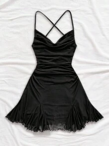 Soleia 女士度假细肩带迷你连衣裙，低胸领口，露背，蝴蝶结，鱼尾，性感风格，迷你连衣裙，及膝长裙，购物，浪漫，约会，海滩装，网眼，年轻，少女 - 黑色 - 查看 5