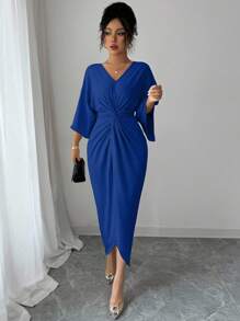 Elenzga Elegant Knitted High Elasticity Batwing Sleeve V-Neck Twist Design Women's Mid-Length Dress