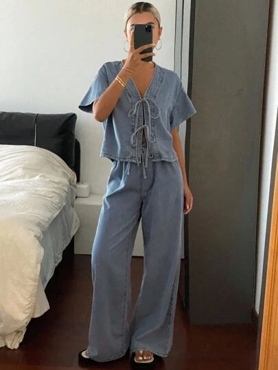 Livesso Women's Summer Short Sleeve Tie Front Top And Loose Fit Denim Pants Set