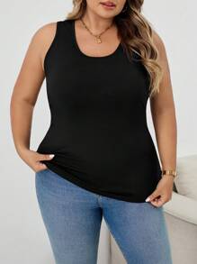 SHEIN CURVE+ 大码夏季纯色简约修身背心，镂空性感外出上衣，女士秋冬装，CURVE PLUS 大码背心，大码无袖上衣，女士大码背心，女士大码背心两件装，女士大码背心 - 黑色 - 查看 4