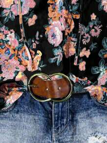 Breezaya 女士粉色度假花卉印花V领荷叶边短袖宽松衬衫 - 黑色 - 查看 3