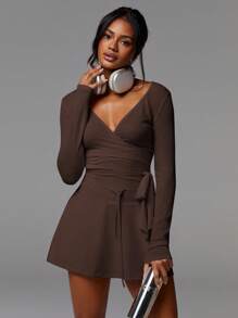 Athîral 女士纯色V领长袖系带修身衬衫，秋季上衣 - 咖啡棕 - 查看 3