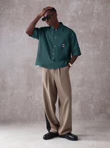 SUMWON Boxy Fit Button Down Collared Workwear Short Sleeve Casual Oversized Shirt Fall Spring - Dark Green - View 6