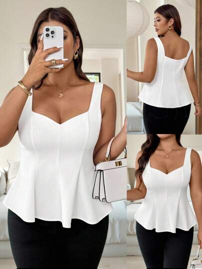 Vionelle Plus Size Women's Elegant Sleeveless Sweetheart Neck Backless Ruffle A-Line Camisole Top, Suitable For Office, Commute, Afternoon Tea, Party, Vacation, French Romantic Style, Spring/Summer