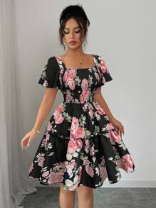 Elenzga Gaun Wanita Elegan Motif Bunga dengan Detail Kerut untuk Musim Panas - Hitam - View 6