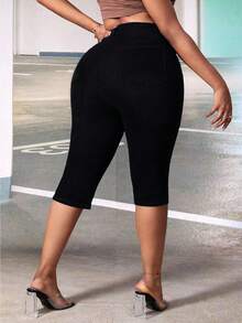 SHEIN CURVE+ Pantalones vaqueros capri ajustados de estilo vaquero para mujer de talla grande, pantalones cortos para montar en invierno - Negro - Ver 2