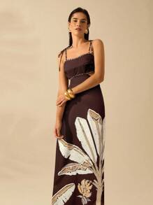 CAJUNI 女式波西米亚风香蕉树印花镂空腰后绑带无袖黑色连衣裙，假日休闲夏装 - 棕色 - 查看 3