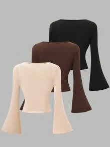 3pcs/Set Teen Girl Casual All-Match Versatile Daily Wear Tight Fitting Short Flare Sleeve Crop Top Chic Outfits For Autumn/Winter Fall