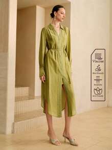 SHEIN LUNE Women's Elegant Commuter Long Sleeve Cinched Waist French Casual Maxi Dress Fall Women Clothes Fall Outfits Women Fall Autumn Clothes - Green - View 5