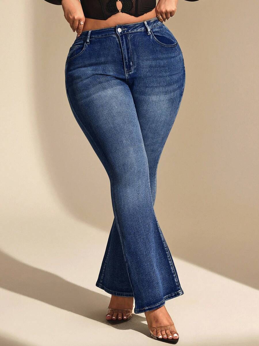 Hourglow Cardis.Ego Plus Size Front Button Pocket Simple Flare Jeans, Casual Everyday Wear, For Hourglass Body Shape - Dark Wash - View 1