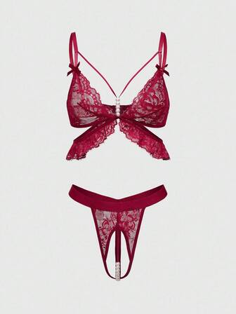 Goth Gotischer Spitzenbesatz, Perlen, Schleife Dreieck-BH und String ohne Schritt, sexy Dessous-Set