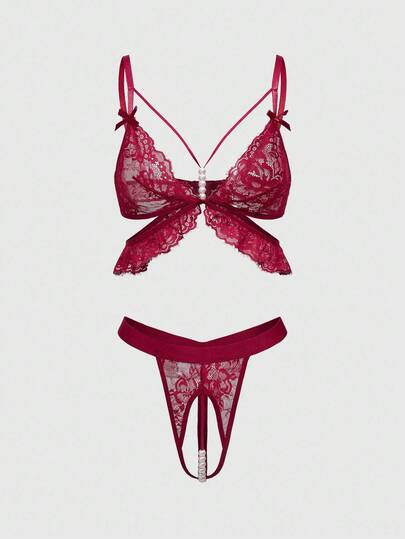 Goth Gothic Lace Trim, Pearl, Bow Triangle Cup Bra And Crotchless Thong Sexy Lingerie Set