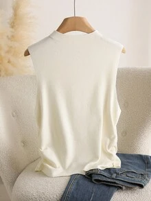 CosyJoli Plus Size Women's Floral 3D Decor Round Neck Knitted Vest 3d Flower Top Cute Top Pastel Yellow Top Sleeveless Top Cream Top In Fall/Winter - White - View 2