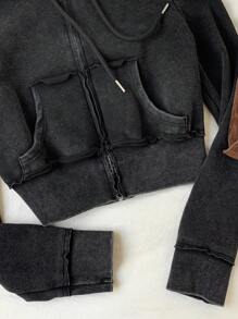 Comfortcana 秋冬女士纯色长袖拉链前口袋抽绳连帽休闲运动衫 - 黑色 - 查看 5