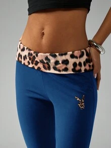 Missguided x Playboy Colanți evazați Y2K pentru femei, pantaloni cu fund de clopot, cu imprimeu leopard, talie înaltă, stil retro, bootcut, petrecere, club, festival - Albastru marin - Vizualizare 4