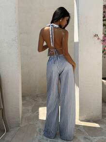 Aloruh Striped Backless Halter Top & Wide Leg Pants 2 Pieces Vacation Set - Navy Blue - View 1
