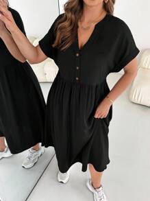 SHEIN Essnce 大码女式休闲宽松连衣裙，夏季短袖连衣裙，宽松舒适连衣裙，带口袋连衣裙，女士休闲连衣裙 - 黑色 - 查看 6