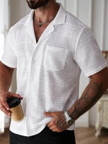 Manfinity Homme 男士白色衬衫，夏季纯色针织提花休闲度假短袖衬衫，白色蕾丝，传统款式亚麻混纺衬衫 - 米色 - 查看 4