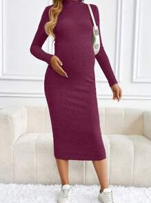 SHEIN 孕妇装简约休闲纯色保暖罗纹针织连衣裙，秋季 - 紫色 - 查看 4