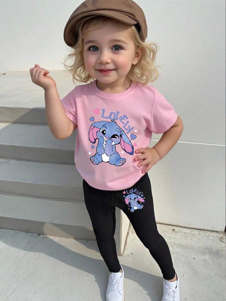 SHEIN Baby Girls' Casual Fashion Creative Cartoon Cute Blue Rabbit Heart Letter Graphic Print Short Sleeve T-Shirt And Leggings Set Lilo And Stitch Girls Clothes Stitch Clothes For Girls 2t Girl Tshirt - Multicolor - View 1