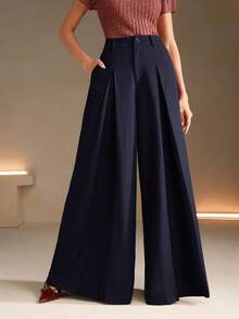 Anewsta 女款阔腿裤咖啡棕色西装裤宽松休闲喇叭裤版型优雅垂坠感适合秋冬 - 寶藍色 - 查看 5