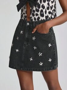 Slaydiva Women's Casual Rhinestone Decorated Denim Mini Skirt, Summer - Black - View 5
